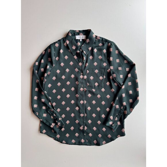 L'ACADEMIE Green Art Deco Shell Print Satin Button Down Shirt Blouse, Size XS - Picture 5 of 12